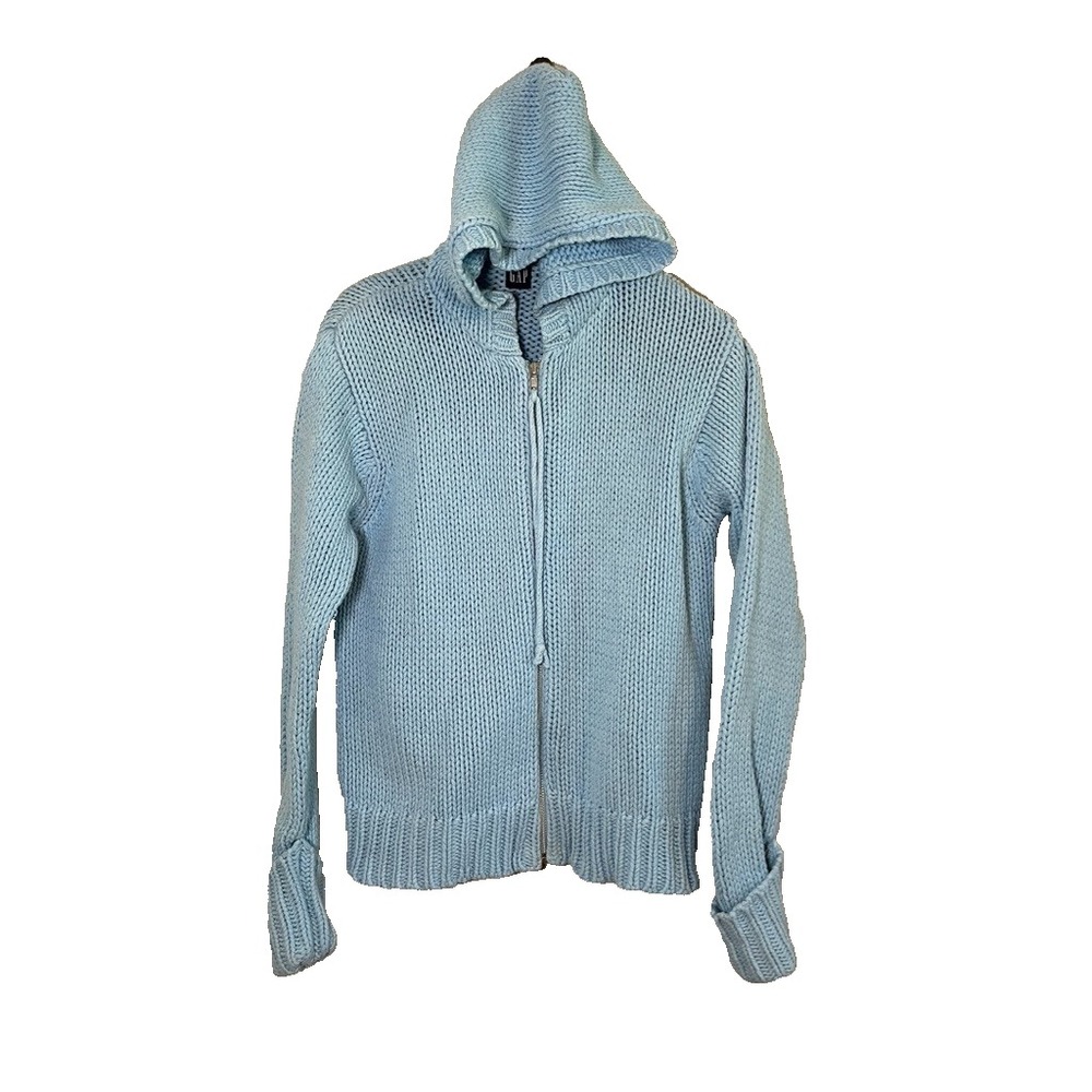 Gap Chunky Shaker Knit Full Zip Hood Sweater M Blue Coastal Preppy Neutral